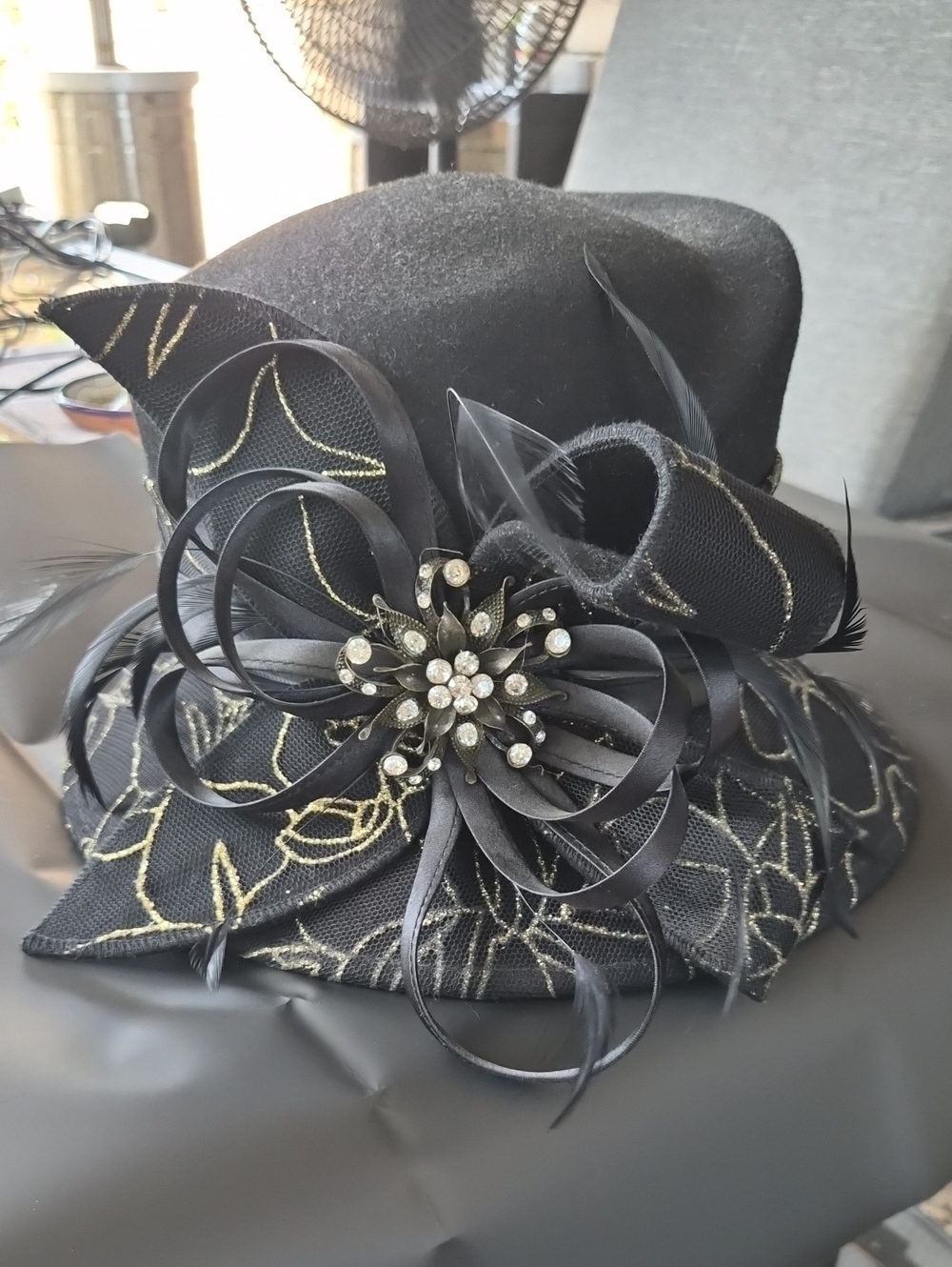 Black Floral Embellished Women's Dress Hat with Rhinestone Brooch